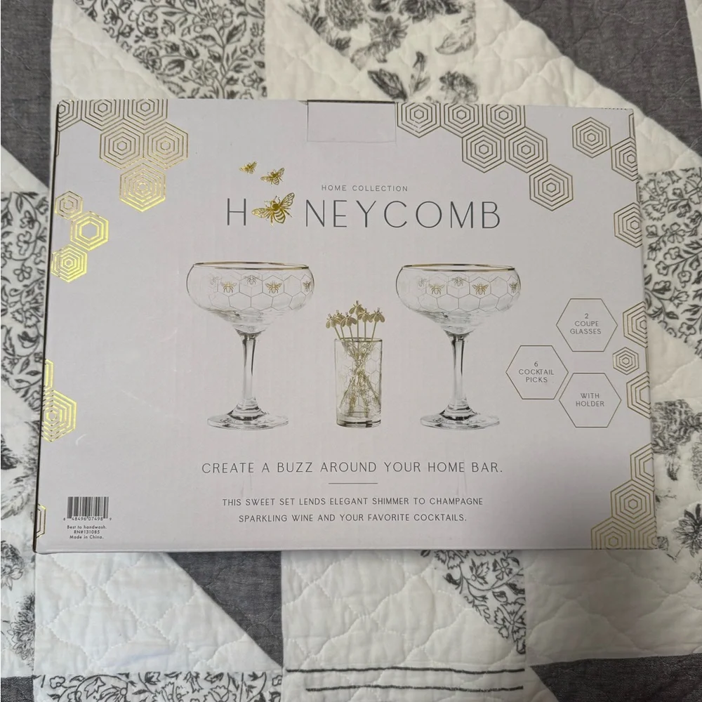 Williams Sonoma coupe glasses, cocktail picks, and holder